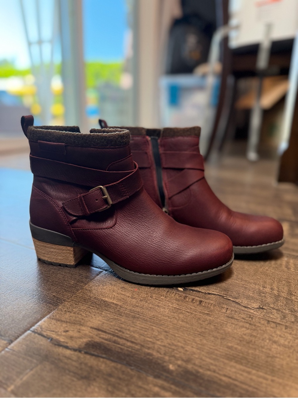 Merrell Women's Burgundy Leather Ankle Boots with Buckle Strap